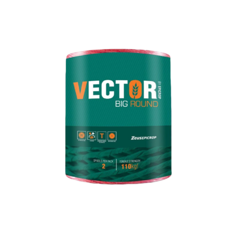 A bale wrapped in Vector Big Round wrap, reading 